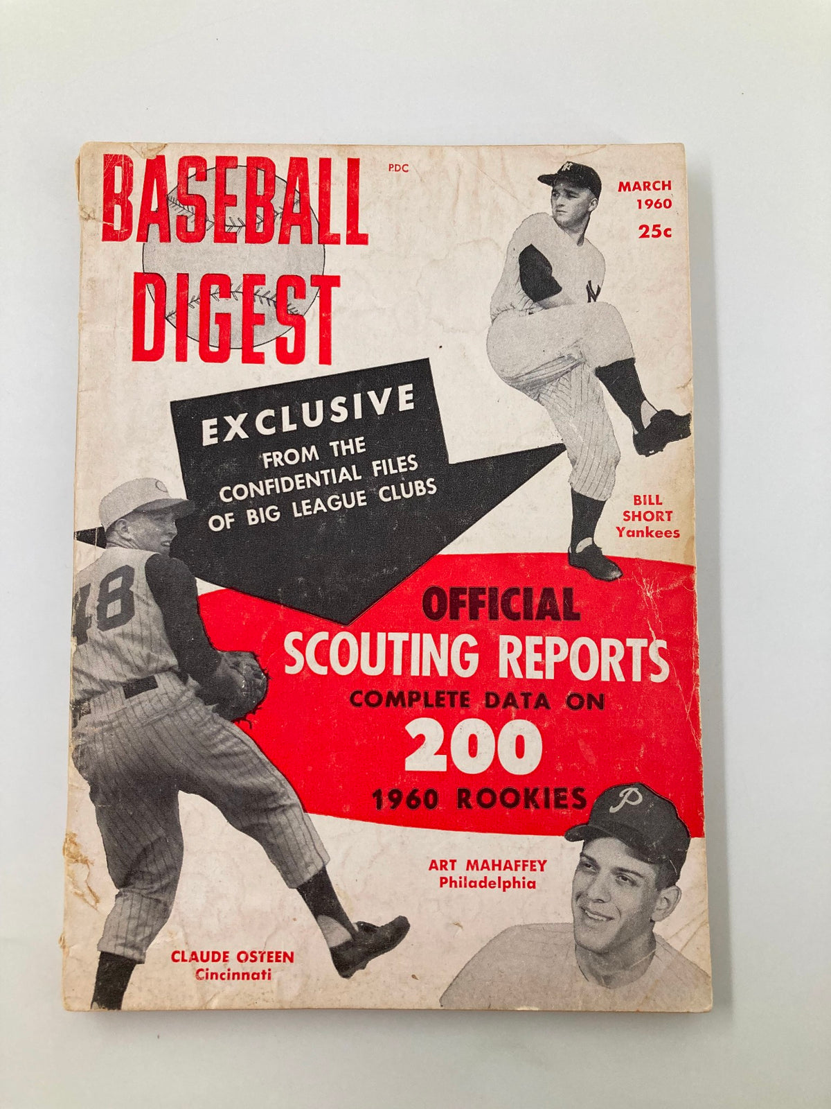 Cover of VTG Baseball Digest March 1960 featuring players Bill Short, Claude Osteen, and Art Mahaffey with official scouting reports on 1960 rookies.