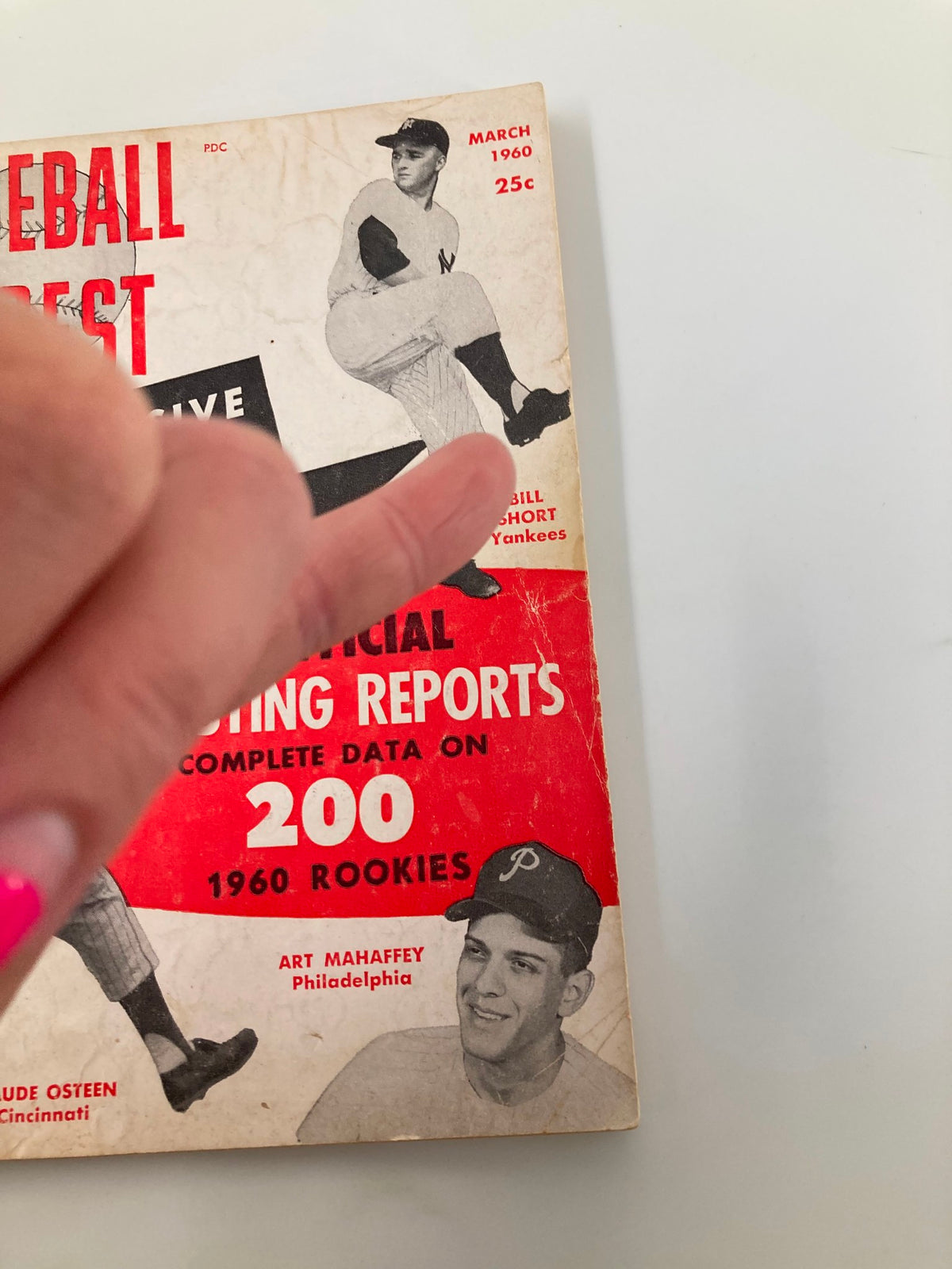 Another angle of VTG Baseball Digest March 1960 cover featuring Bill Short, with details showcasing its vintage condition and baseball scouting reports.