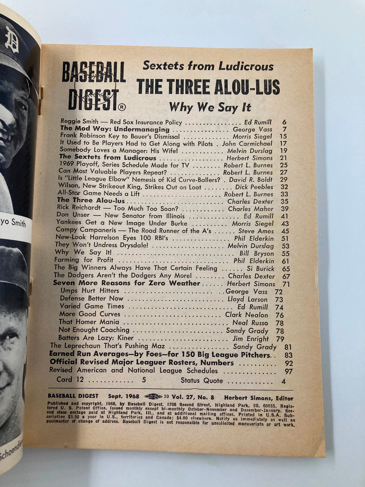 Inside page of VTG Baseball Digest September 1968 featuring articles and content list, including The Three Alou-Lus, baseball insights, and statistics for MLB season.