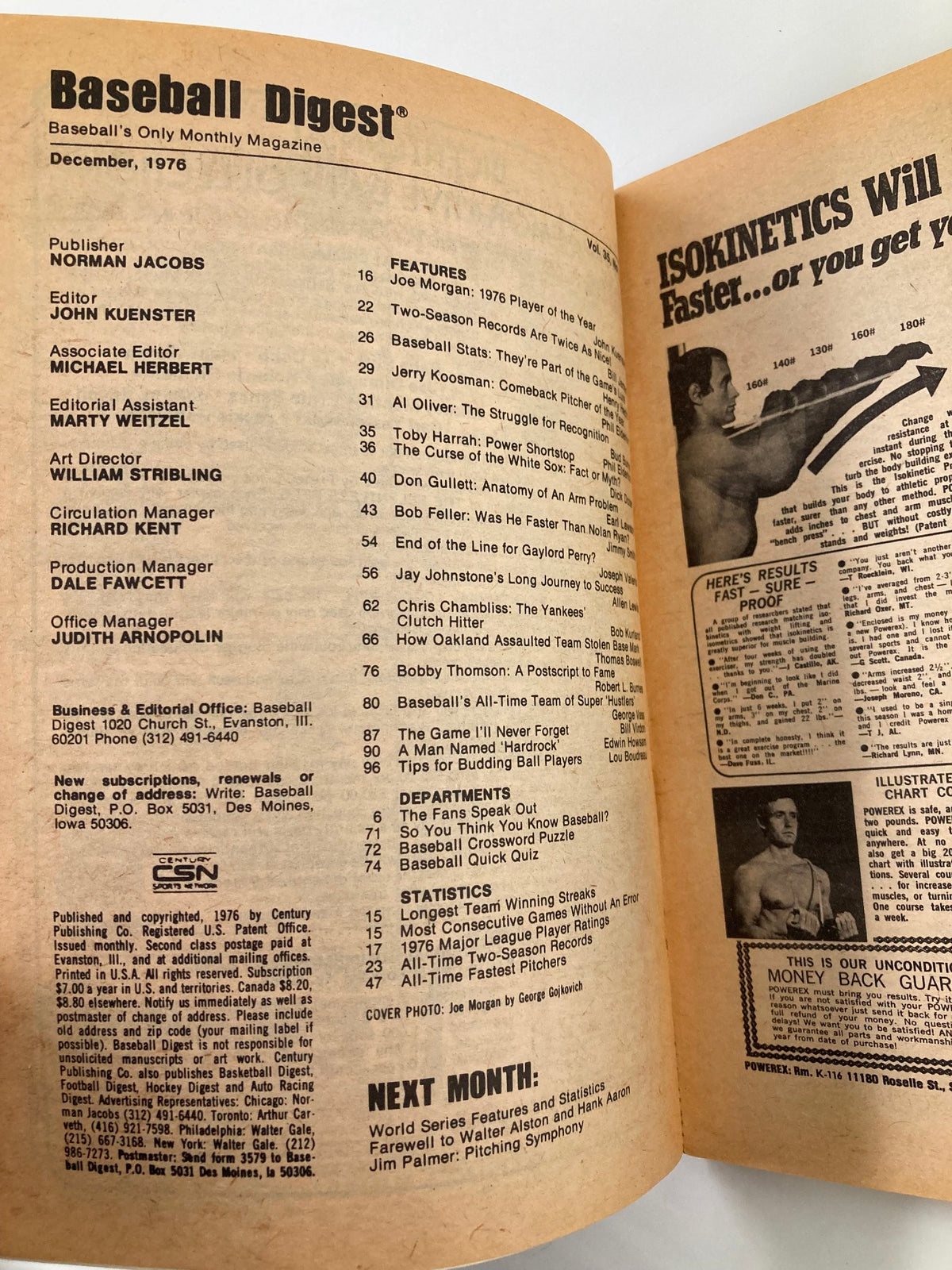 Inside pages of the December 1976 VTG Baseball Digest, including the table of contents and features related to Joe Morgan, the 1976 Player of the Year.