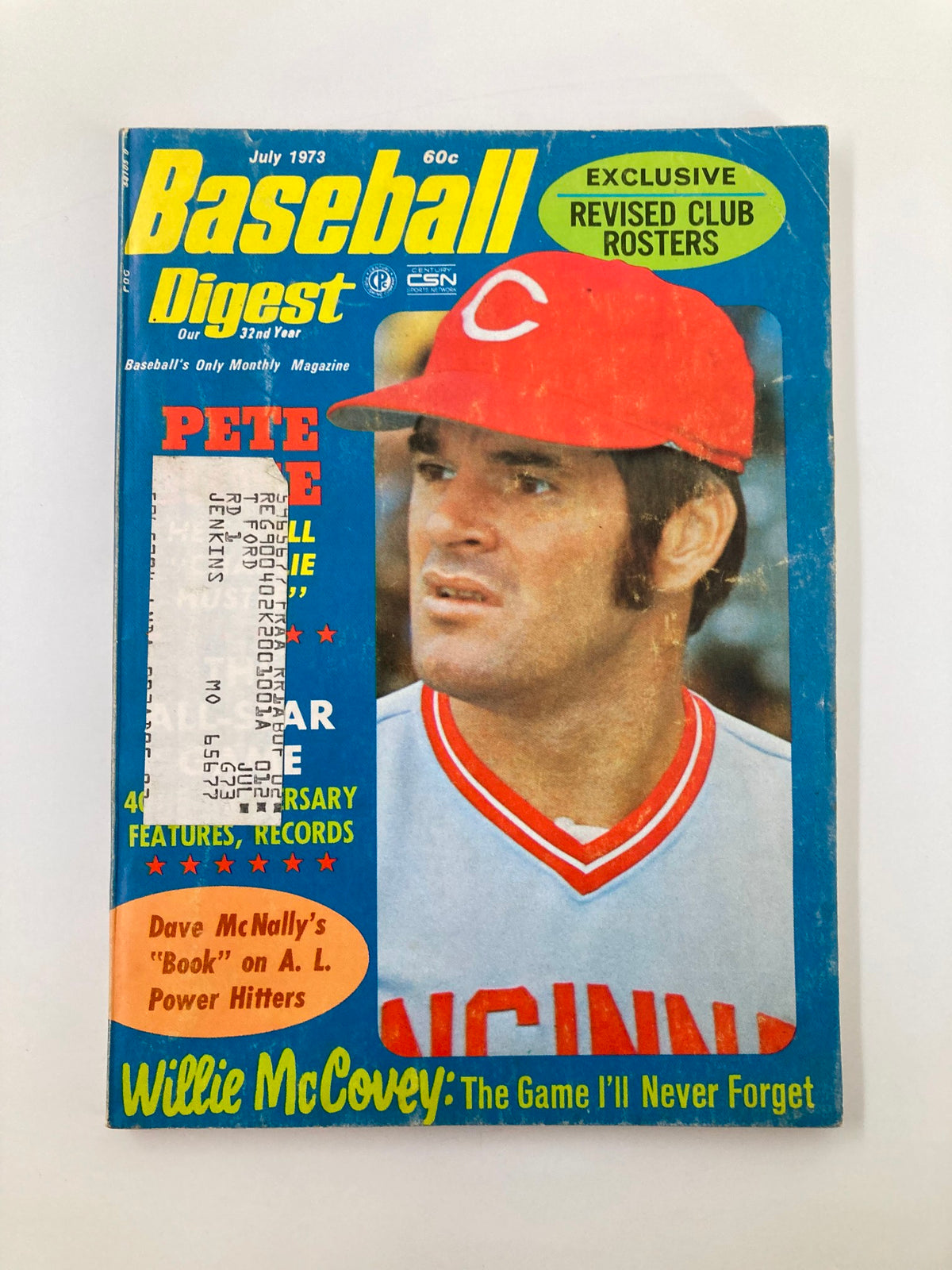 Cover of VTG Baseball Digest July 1973 featuring Pete Rose, known as 'Charlie Hustle', in a Cincinnati Reds cap and Willie McCovey's feature article.