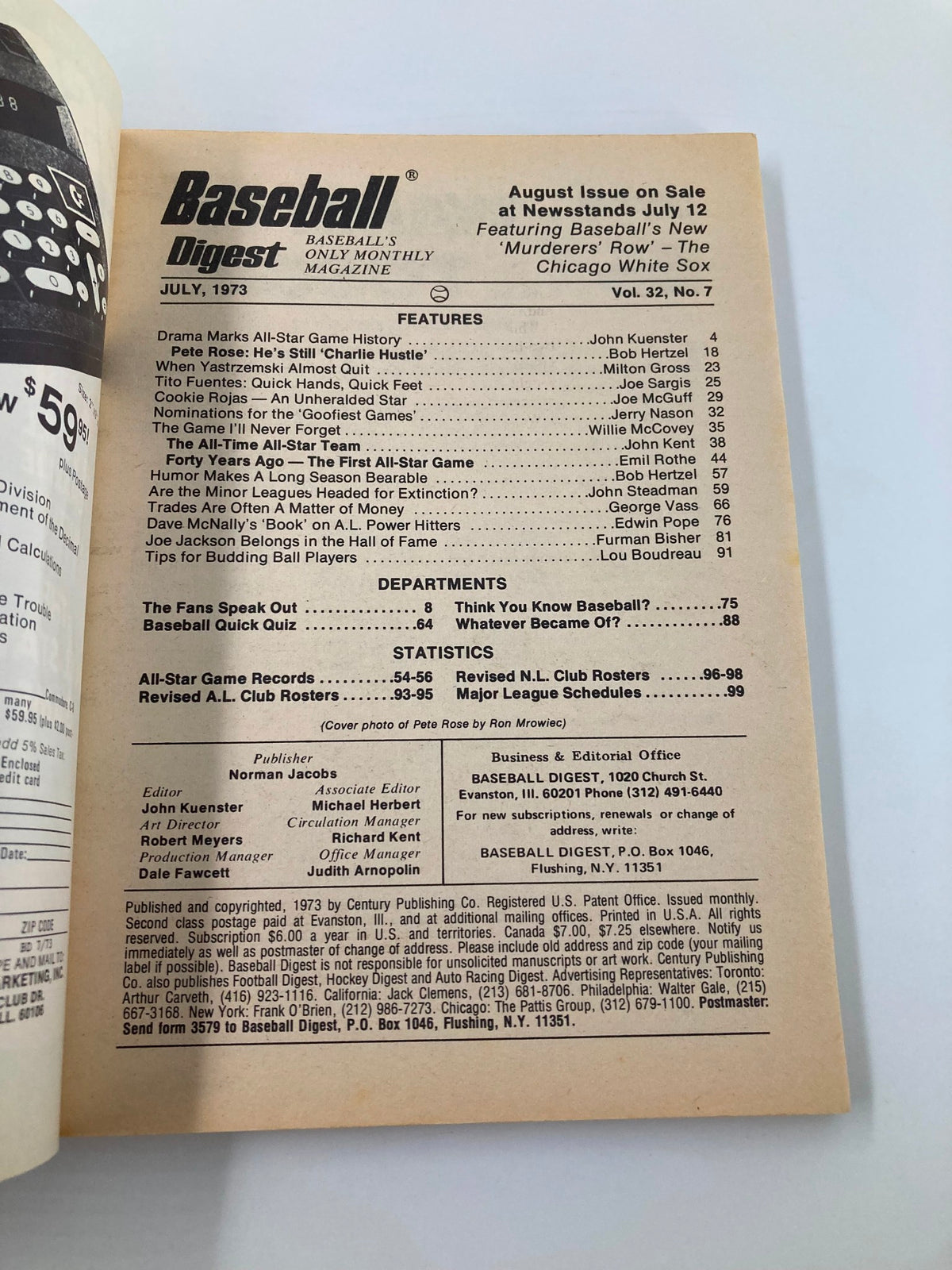 Inside page of VTG Baseball Digest July 1973 displaying the contents and features of the magazine, including articles on Pete Rose and Willie McCovey.