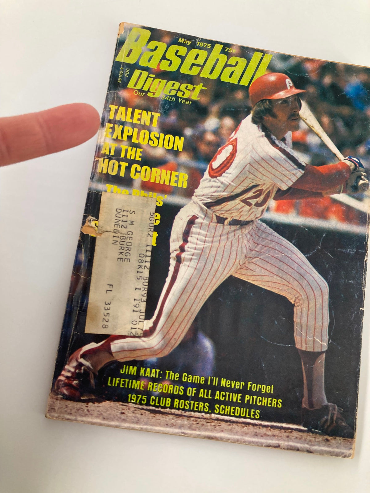 Close-up of the VTG Baseball Digest May 1975 cover showing a player in action, with text highlighting Jim Kaat and other baseball-related content.