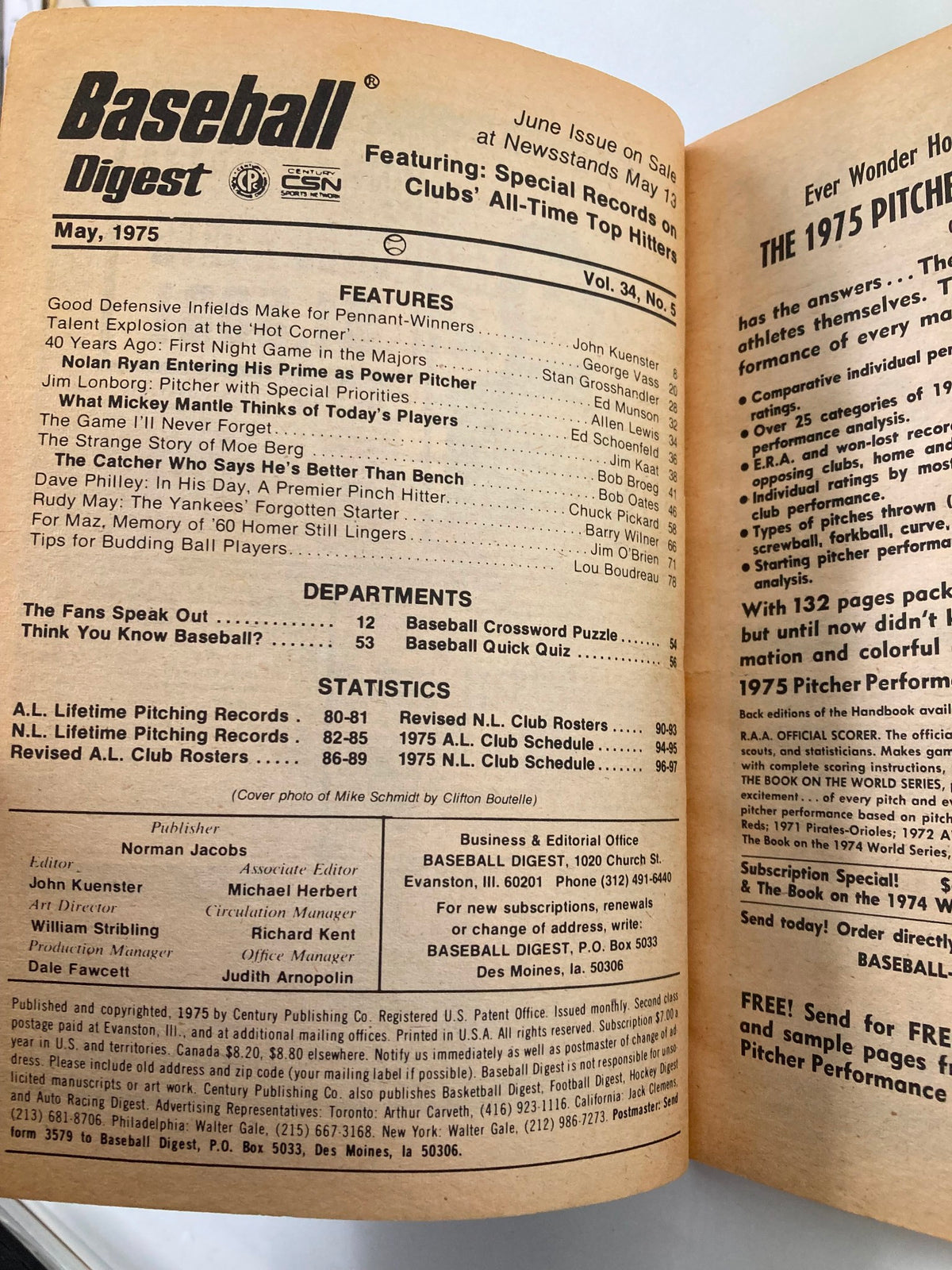Interior page of Baseball Digest from May 1975, showcasing features and statistics, including articles about Nolan Ryan and Mickey Mantle. The vintage magazine highlights the content and publication details from the era.