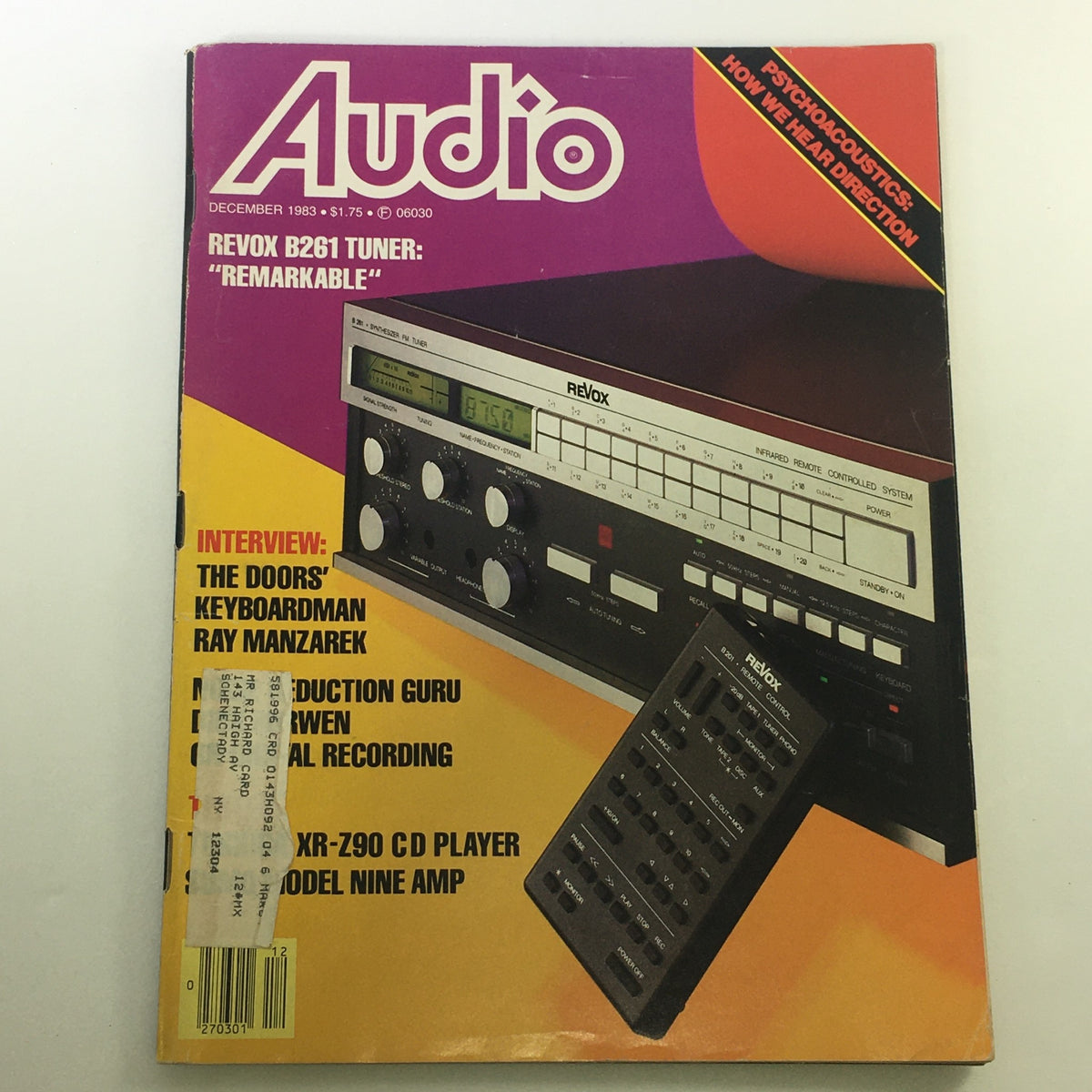 Vintage Audio and Music Magazine December 1983 featuring Ray Manzarek, keyboardist of The Doors, with a colorful cover highlighting audio equipment and an interview.