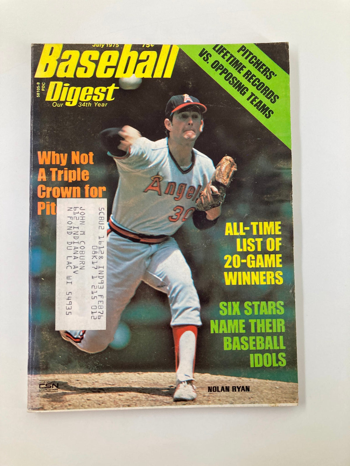 Cover of VTG Baseball Digest July 1975 featuring Nolan Ryan with the headline 'Why Not A Triple Crown for Pitchers' and details about pitching statistics.