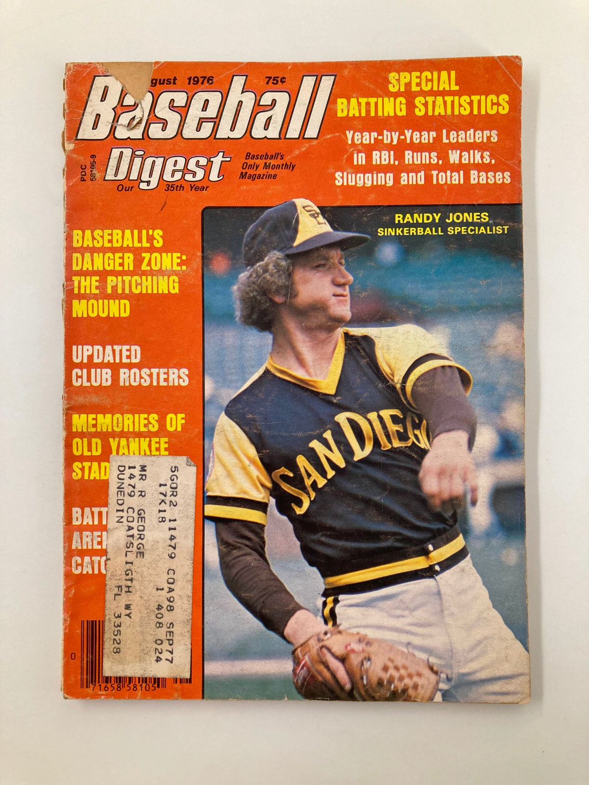 Vintage Baseball Digest magazine from August 1976 featuring Randy Jones, the sinkerball specialist on the cover, capturing the essence of baseball in the mid-1970s.