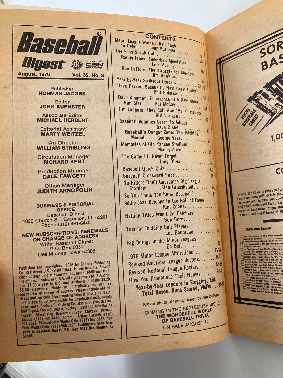 Interior page of the August 1976 Baseball Digest magazine, displaying the table of contents with highlights from that issue including Randy Jones.