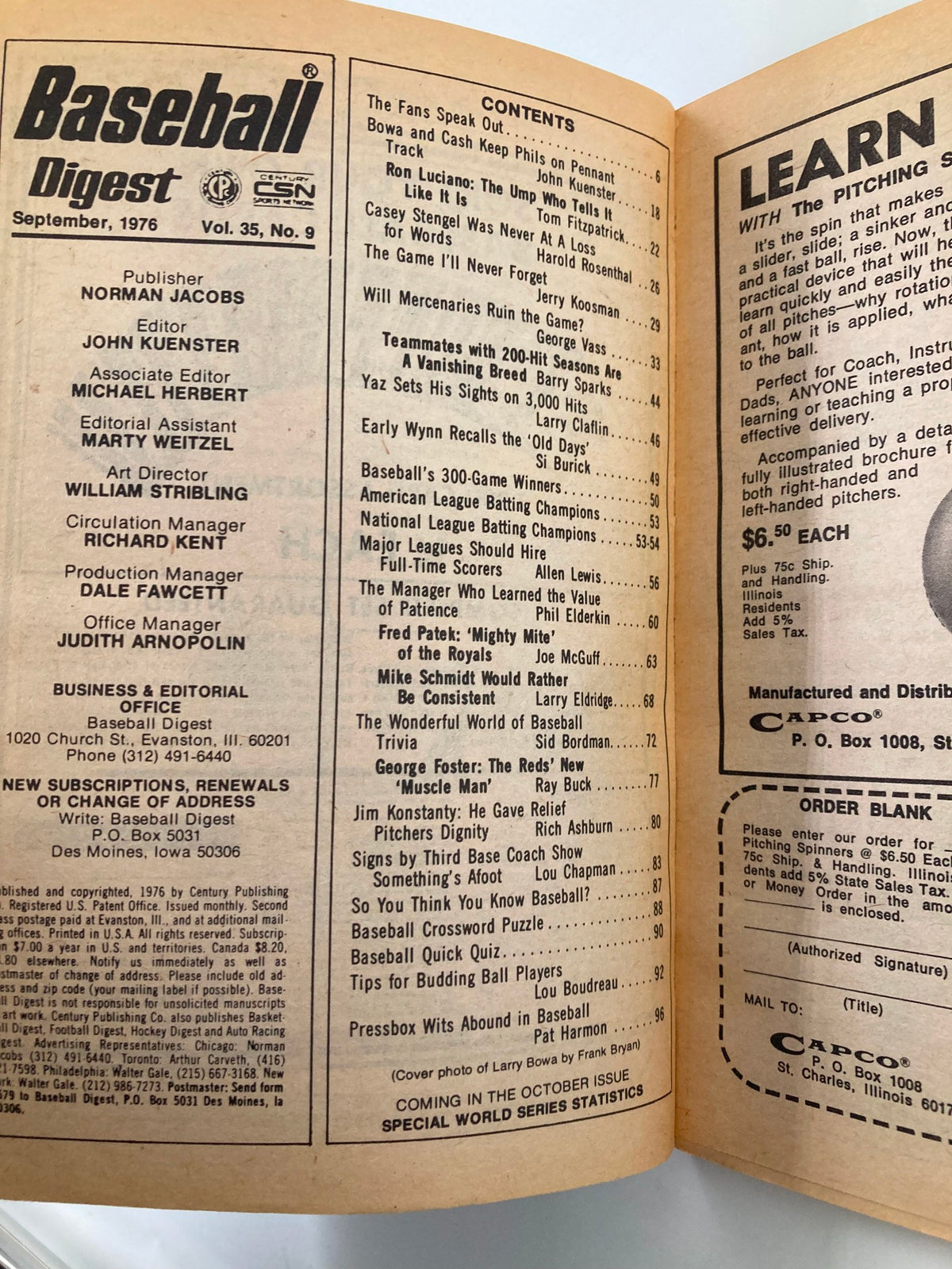 Inside page of VTG Baseball Digest September 1976 displaying the table of contents, highlighting articles and features about baseball history, including Larry Bowa and the Philadelphia Phillies.