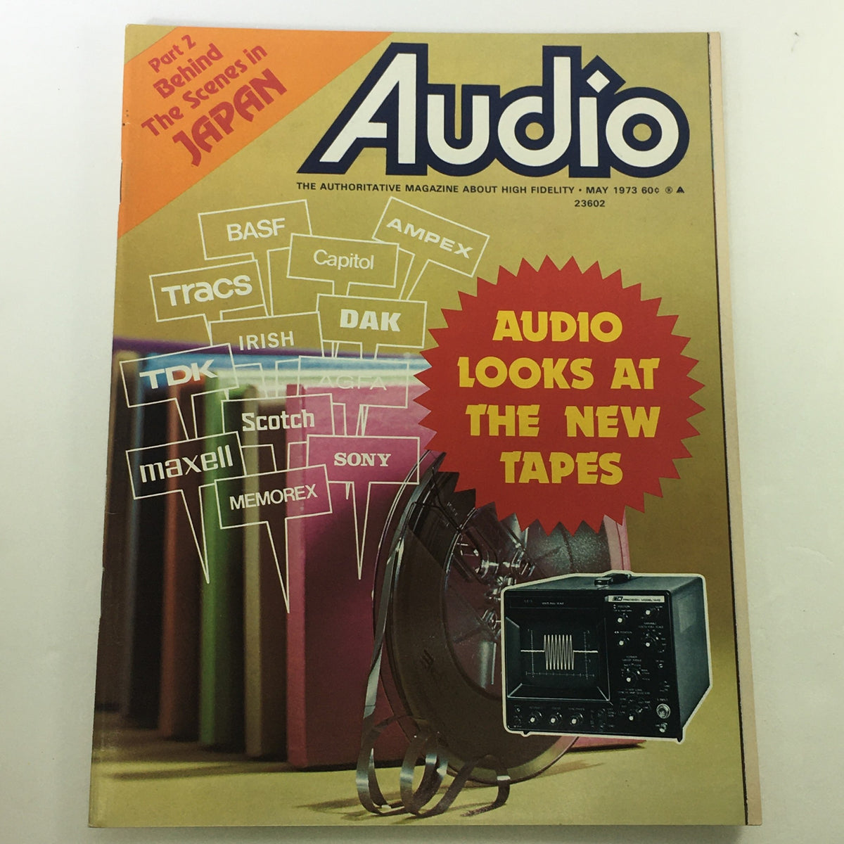Cover of VTG Audio and Music Magazine May 1973 featuring a vibrant design with the headline 'Audio Looks at The New Tapes' and elements showcasing audio technology and brands.