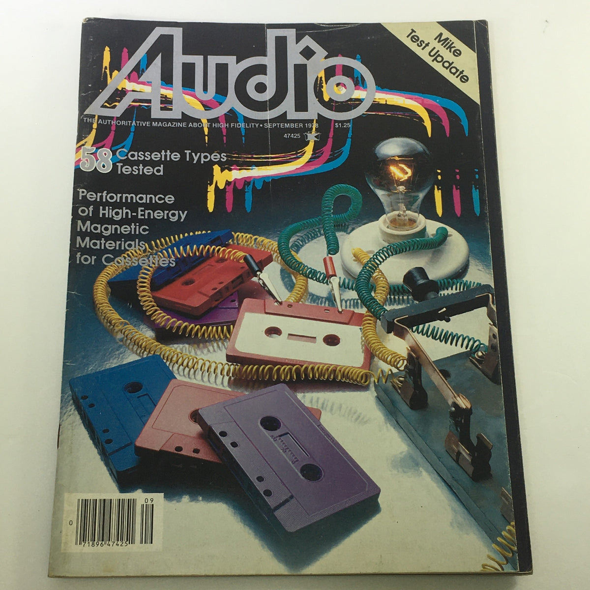 Cover of VTG Audio and Music Magazine September 1978 featuring vibrant graphics and a showcase of cassette tapes with the text '58 Cassette Types Tested'.