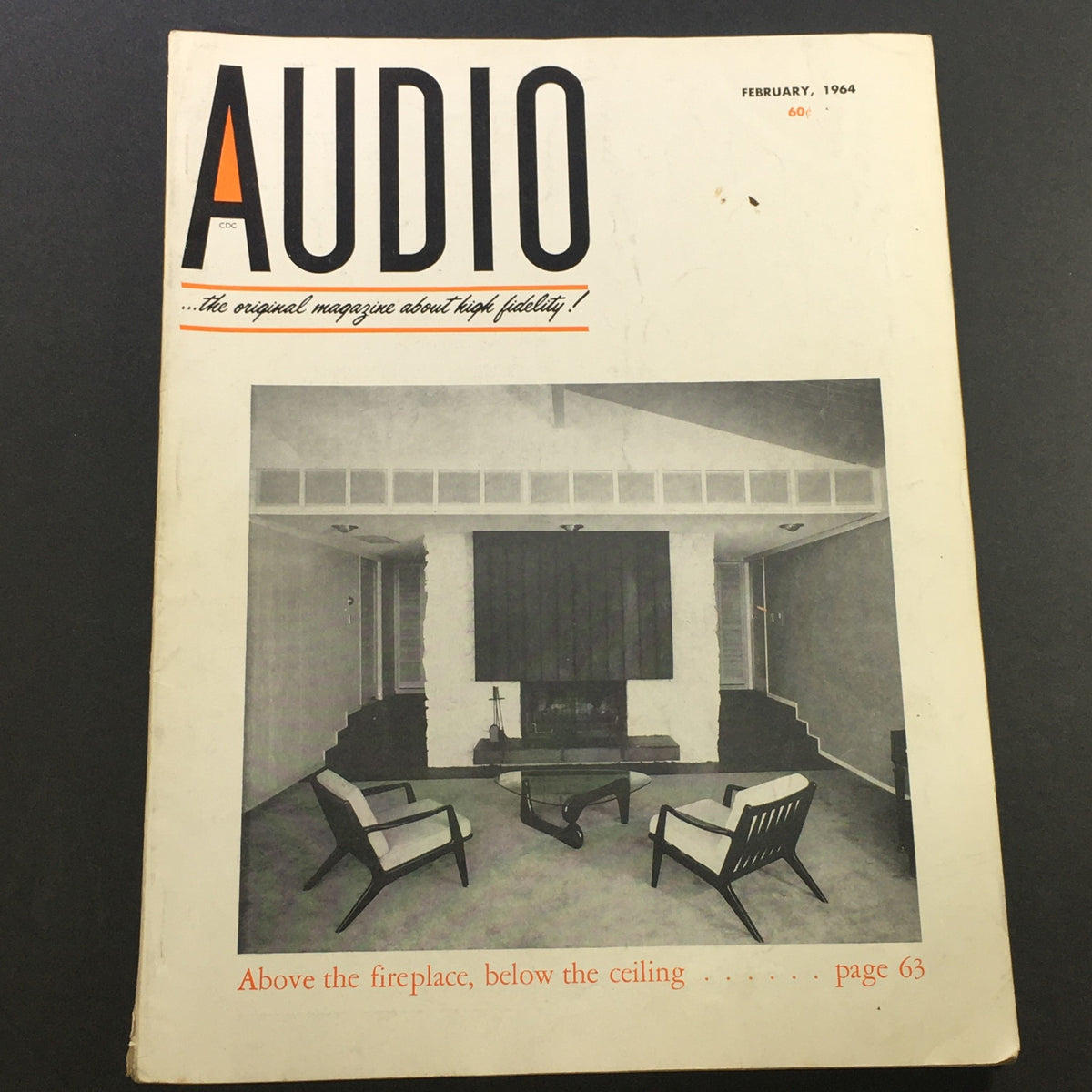 Cover of VTG Audio and Music Magazine February 1964 featuring modernist furniture in a stylish living room setting.