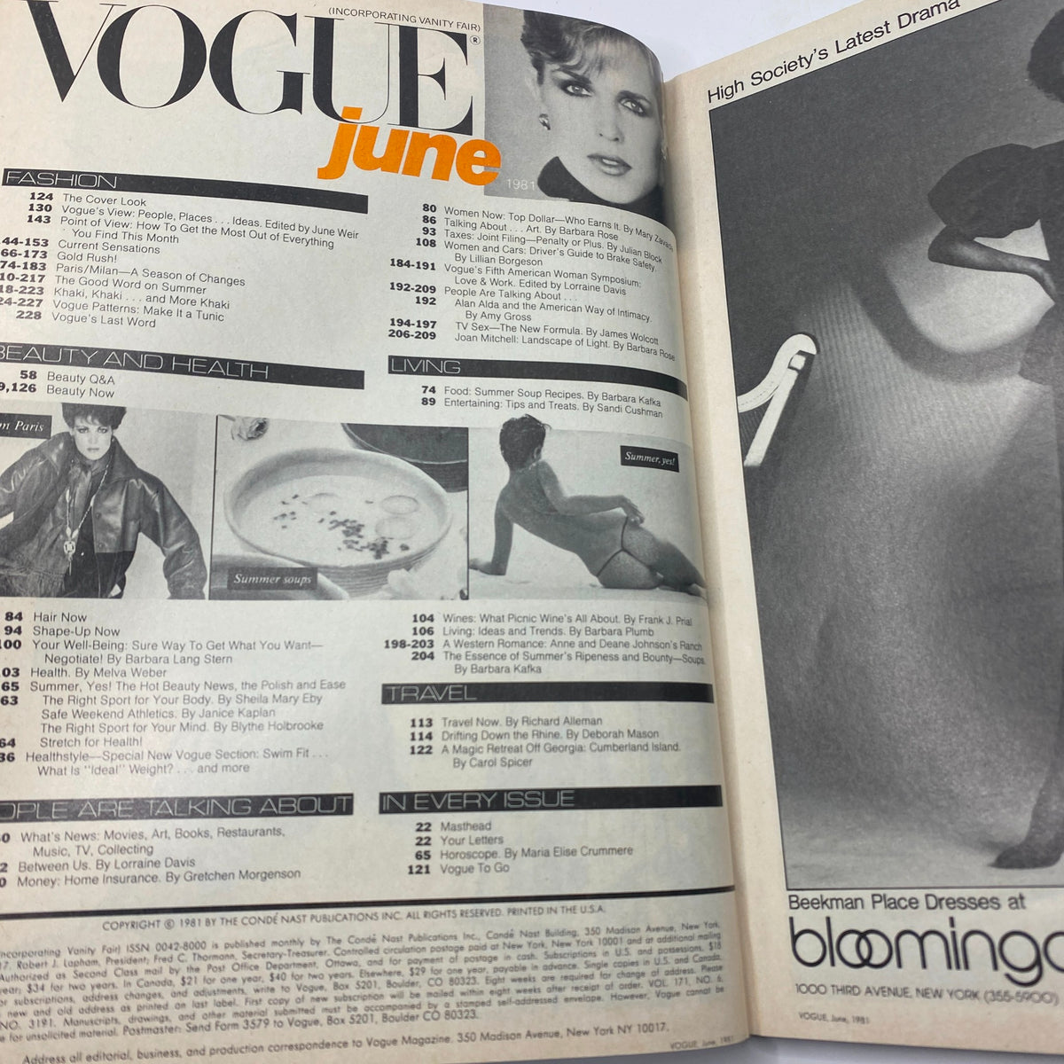 Vintage June 1981 Vogue Magazine contents page featuring articles on fashion, beauty, living, and travel. The title 'VOGUE June' is prominently displayed.