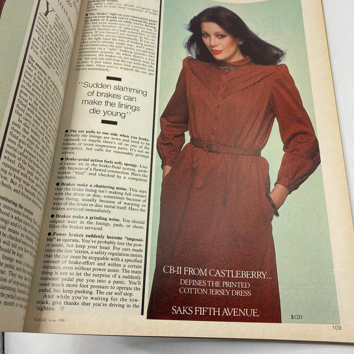 Vintage June 1981 Vogue Magazine showcasing a model in a printed cotton jersey dress from a Saks Fifth Avenue advertisement.