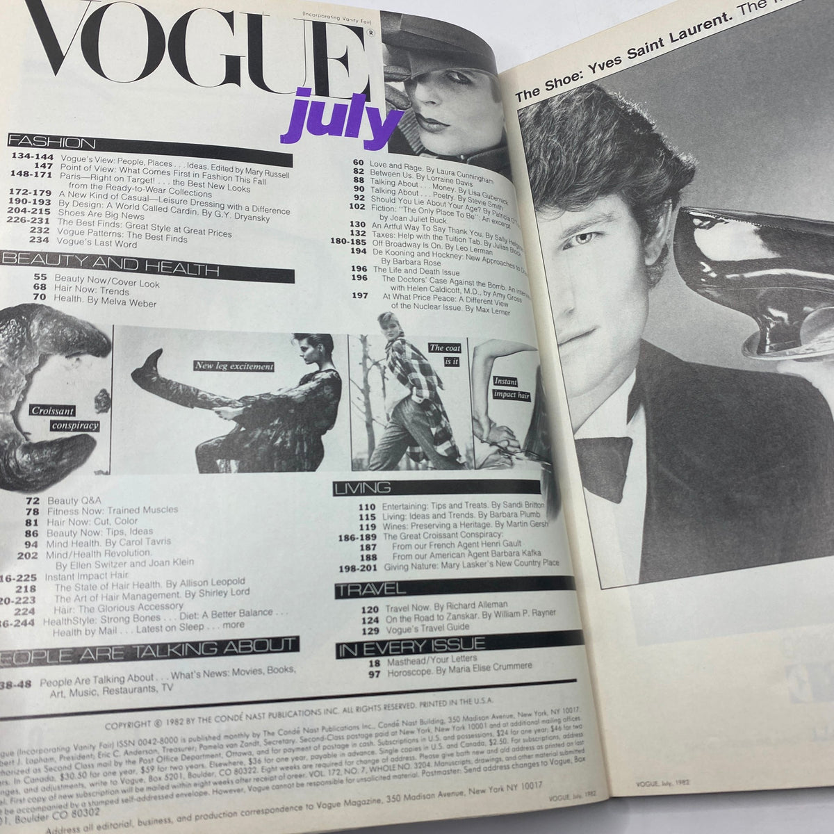 Interior page of VTG Vogue Magazine July 1982, showcasing magazine contents including fashion, beauty, and travel sections with purple 'July' text.