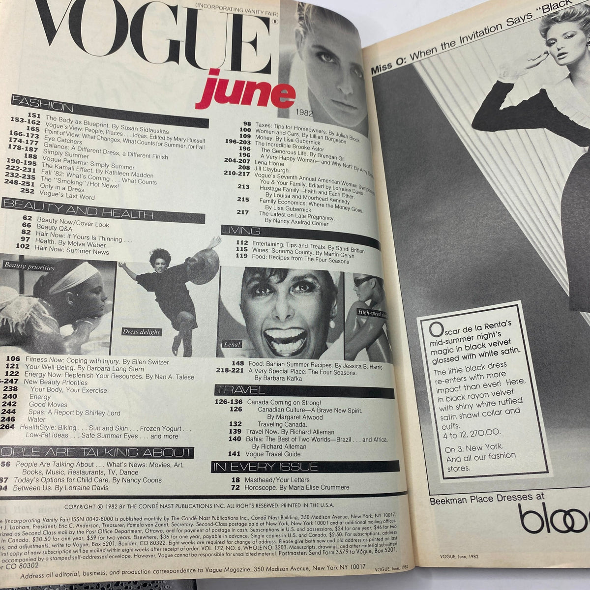 Interior page of VTG Vogue Magazine June 1982, displaying the table of contents and various fashion-related articles, highlighting the stylish trends of the early 1980s.