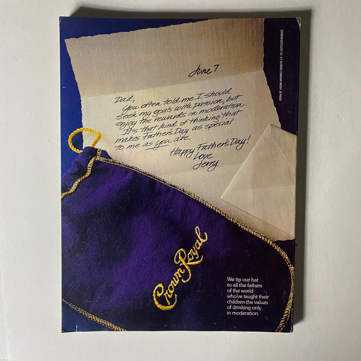 Father's Day themed advertisement from VTG Vogue Magazine June 1982 featuring a heartfelt handwritten note alongside a Crown Royal bag, celebrating familial bonds.