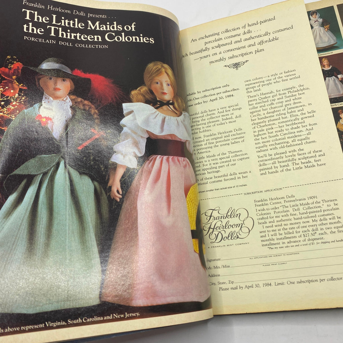 Advertisement page from VTG Vogue Magazine March 1984 featuring the Franklin Heirloom Dolls collection with porcelain dolls in traditional costumes.