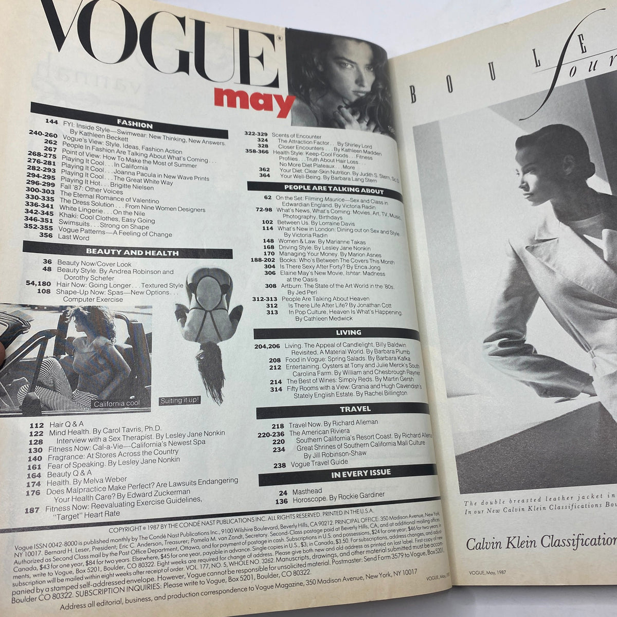Inside page of VTG Vogue Magazine May 1987 featuring a Fashion Index and striking editorial photographs. This edition showcases supermodel Tatjana Patitz at the height of 1980s fashion, captured by Richard Avedon.