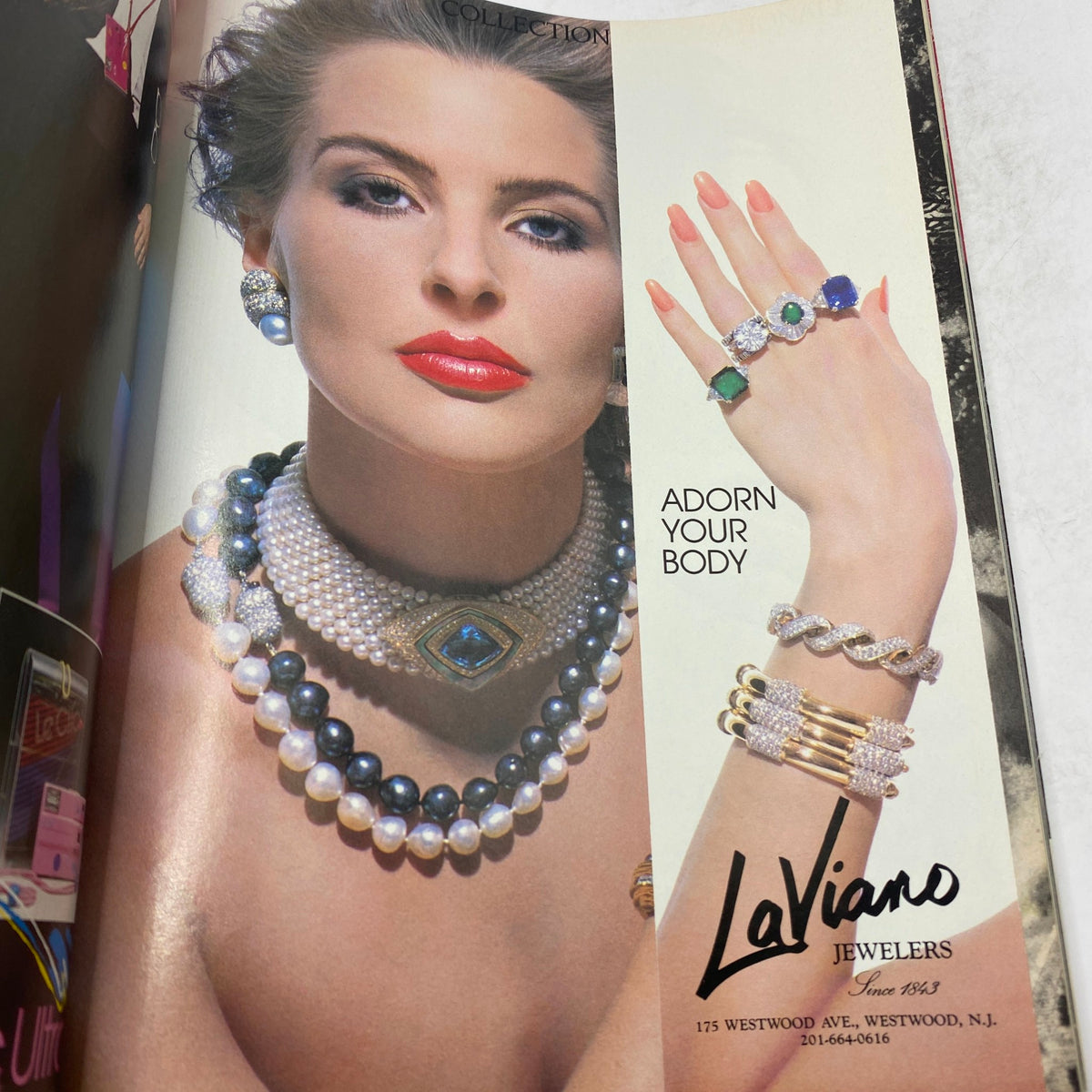 Advertisement in VTG Vogue Magazine May 1987 featuring an elegant model adorned with luxurious jewelry, exemplifying 1980s glamour. This issue highlights the beauty of Tatjana Patitz, photographed by Richard Avedon.