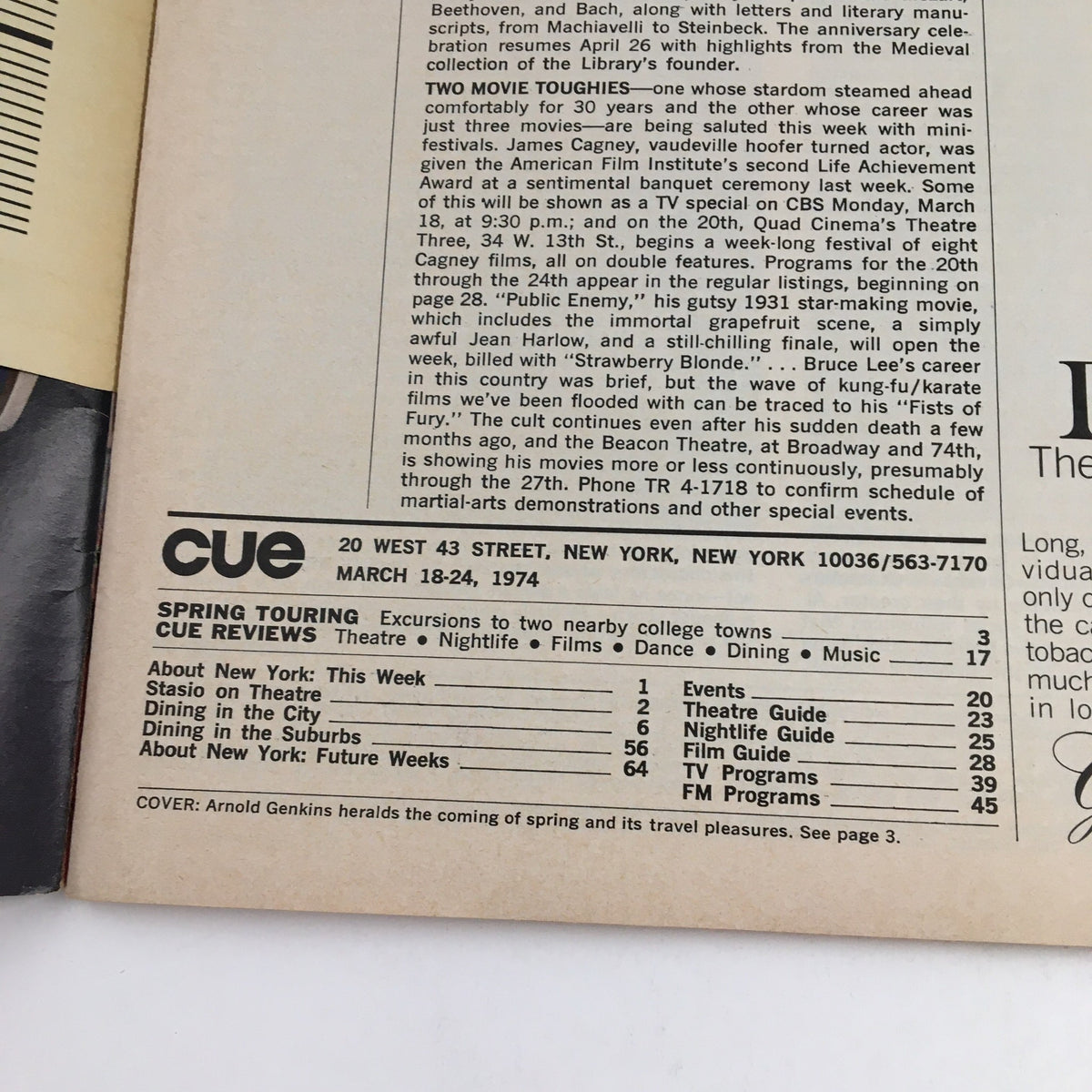 Inside page of Cue Magazine March 18 1974 displaying listings for 'Spring Touring' events, theatre and film schedules, highlighting the vibrant entertainment scene of New York.