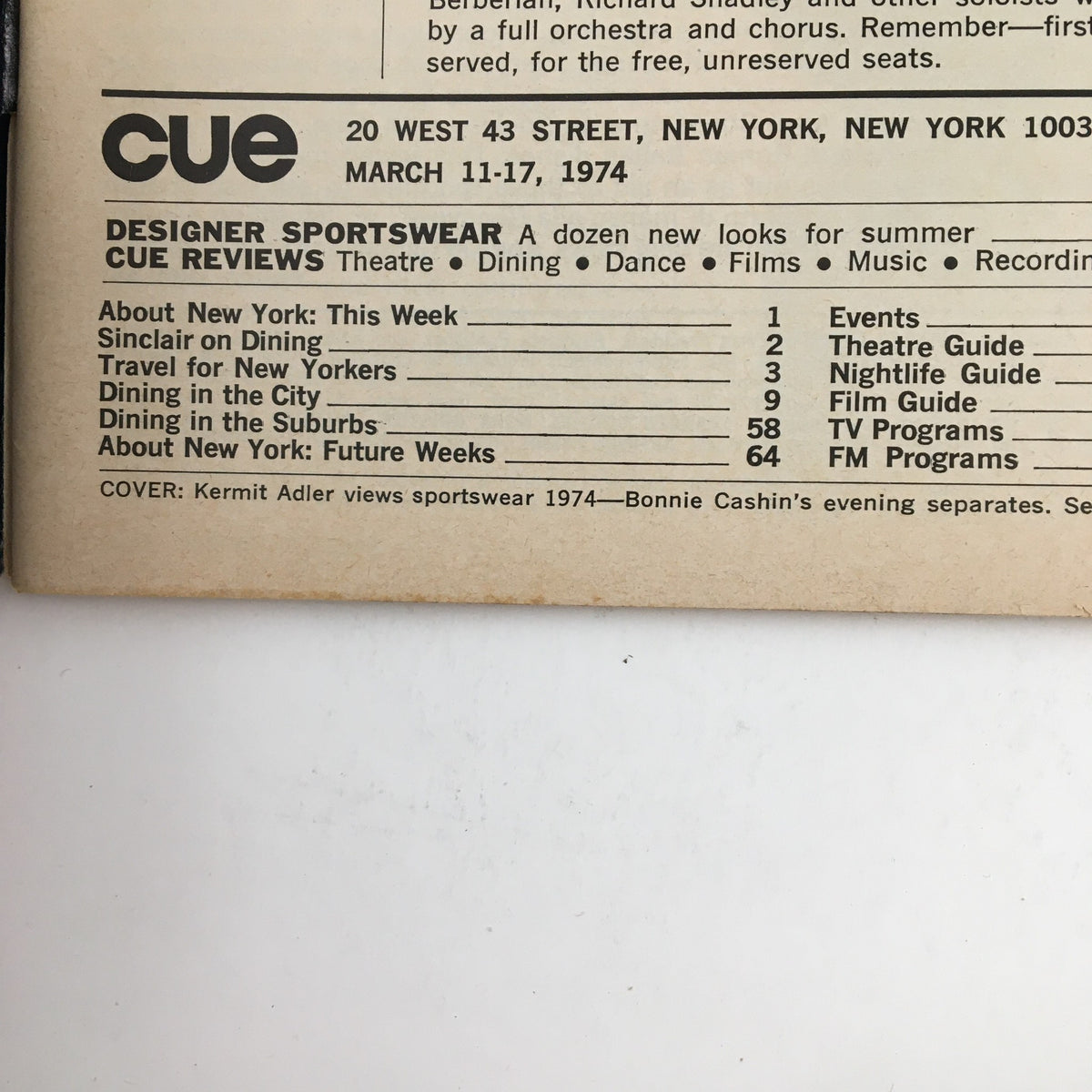 Back cover of Cue Magazine March 11 1974, featuring a summary and highlights of designer sportswear, dining, events, and entertainment in New York City. This vintage magazine showcases the cultural aspects of the 1970s fashion scene.