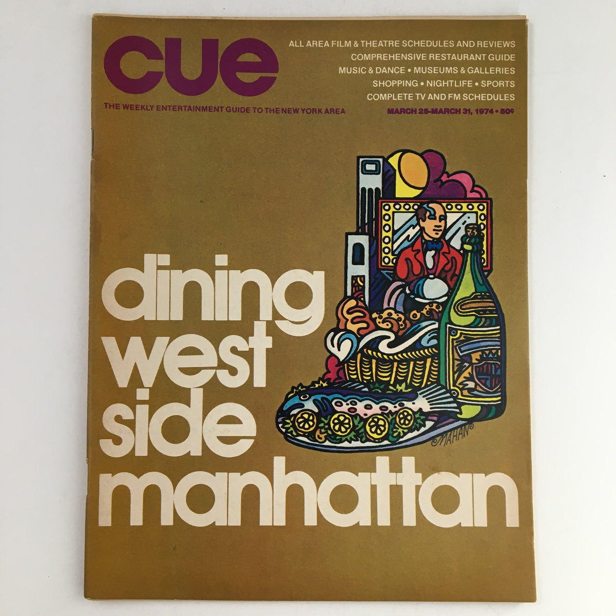 Cover of Cue Magazine, March 25, 1974, featuring 'Dining in West Side Manhattan,' no label
