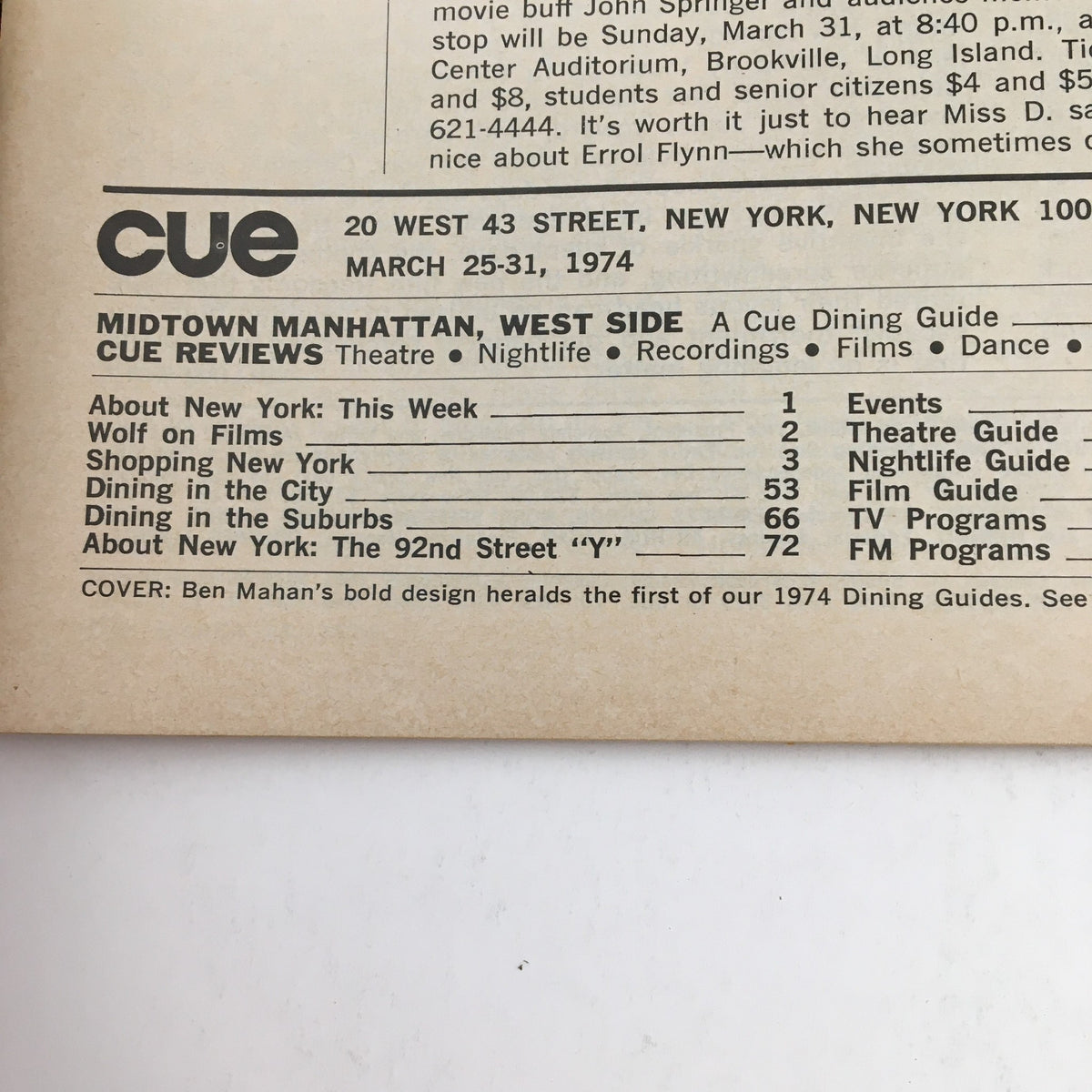 Content overview of Cue Magazine from March 25, 1974, featuring dining guides and reviews for West Side Manhattan. The image showcases articles on nightlife, theatre, and dining, making it a nostalgic look into 1970s New York culinary culture.