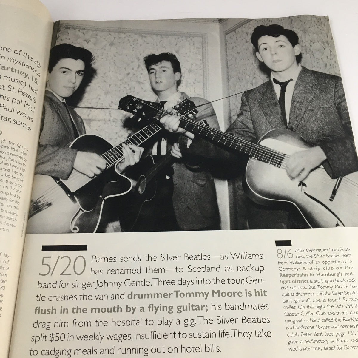 Page from Life Magazine December 1995, illustrating a young Beatles during their early performances, demonstrating their musical beginnings, titled 'Life Magazine December 1995: The Beatles From Yesterday to Today'.