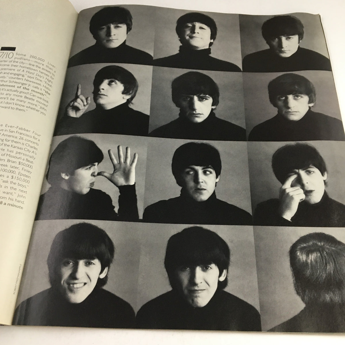 Black and white collage showcasing various expressions of The Beatles in Life Magazine December 1995: The Beatles From Yesterday to Today.