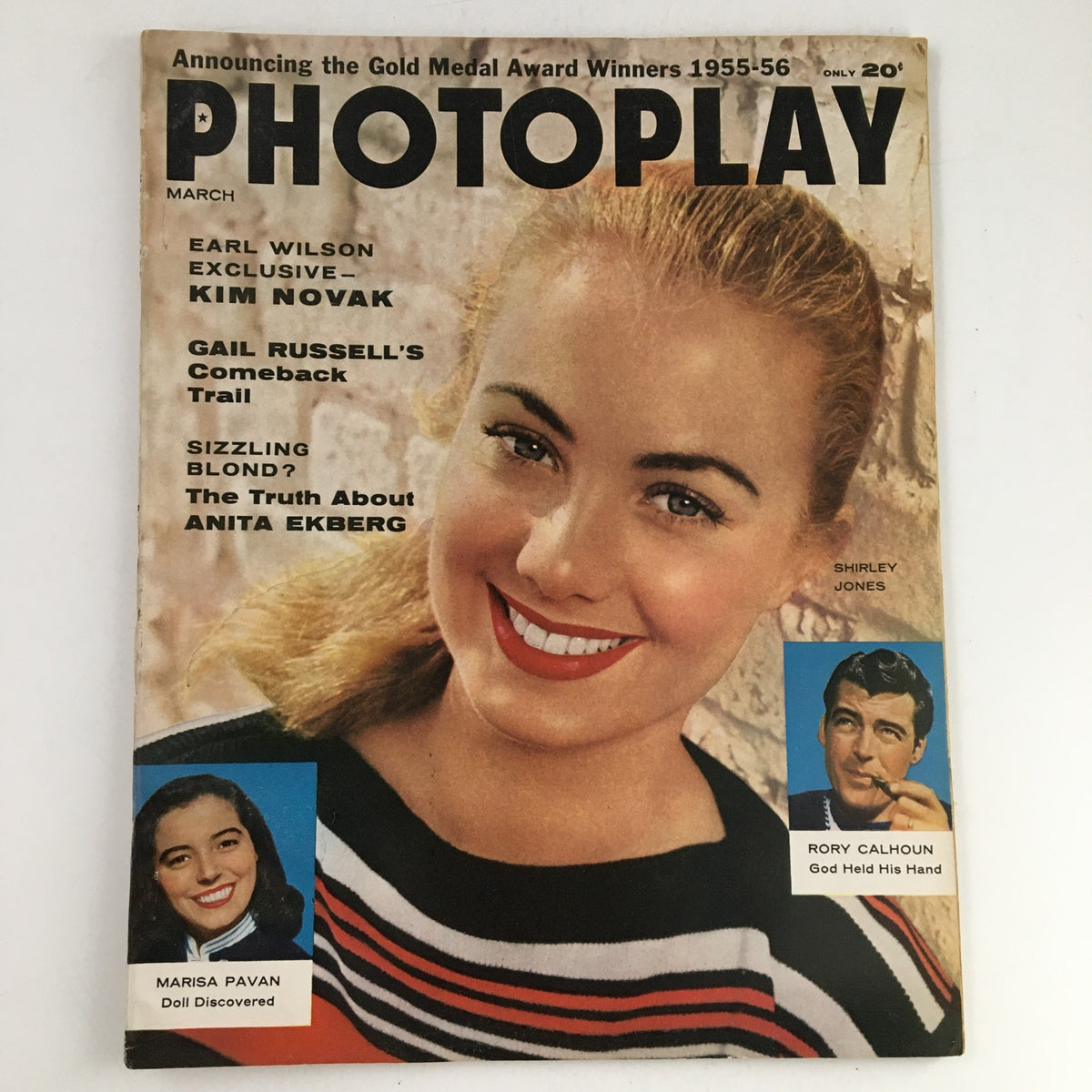 Photoplay Magazine March 1956 cover featuring Shirley Jones, Marisa Pavan, and Rory Calhoun. Vintage Hollywood magazine showcasing mid-20th century cinema.