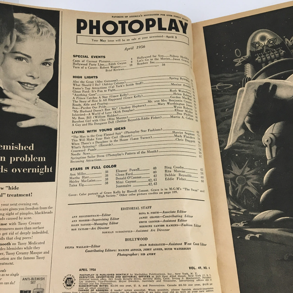 Inside pages of Photoplay Magazine April 1956 displaying articles, highlights, and editorial staff information about Hollywood and its stars.