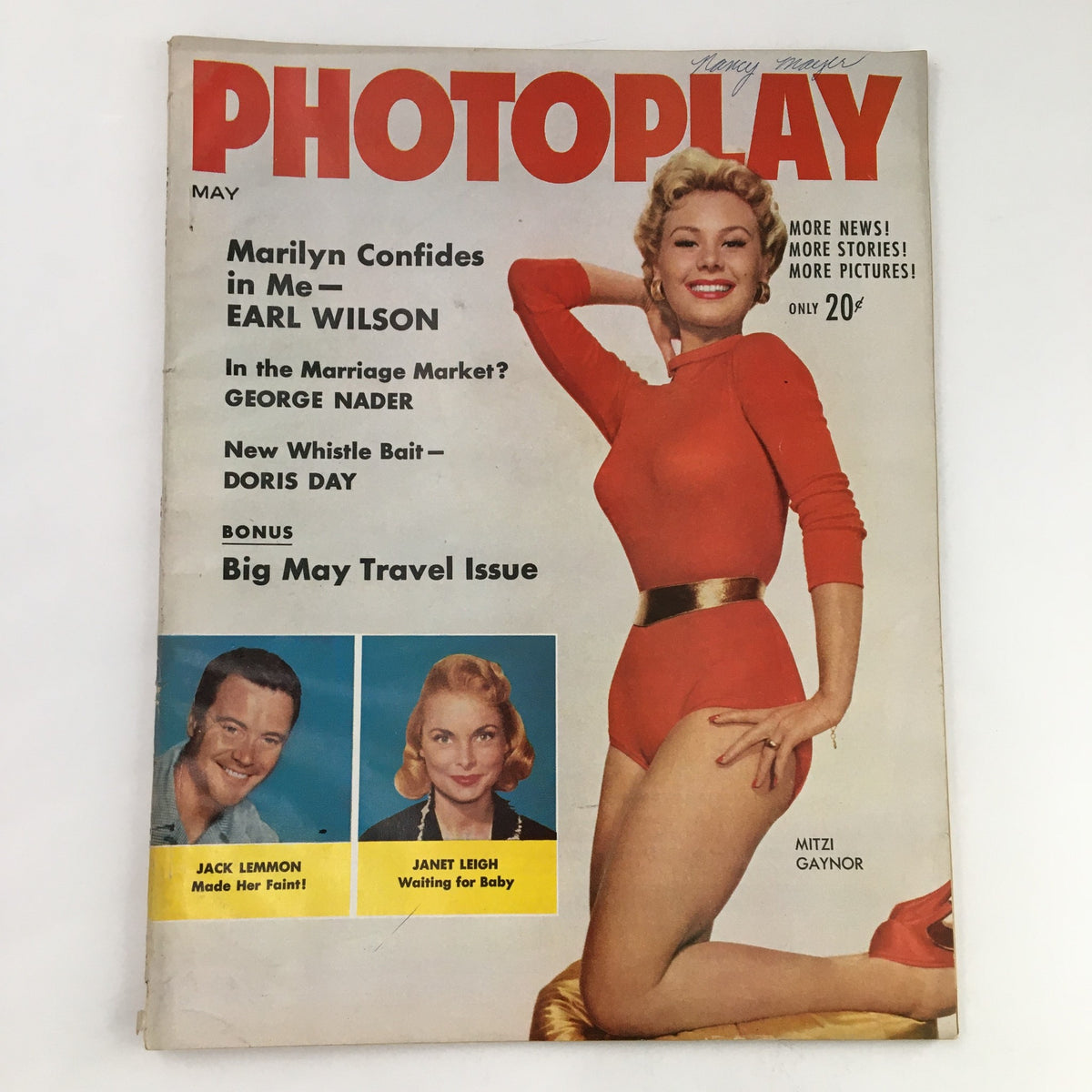 Photoplay Magazine May 1956 cover featuring iconic stars Mitzi Gaynor, Jack Lemmon, and Janet Leigh with a vibrant depiction of vintage Hollywood glamour.