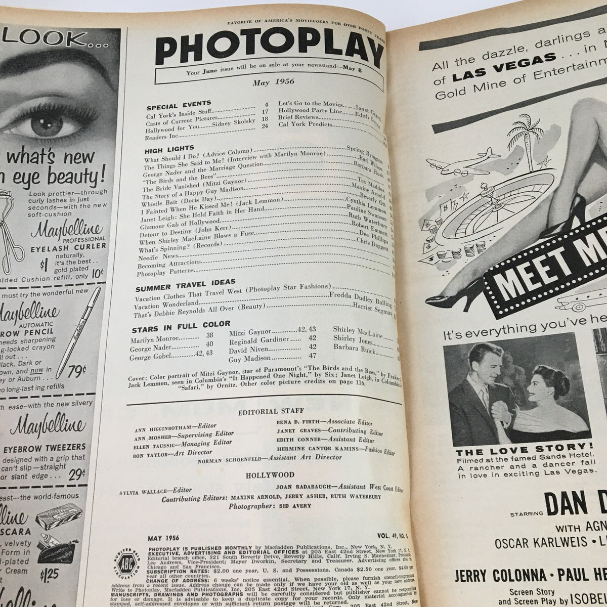 Inside view of Photoplay Magazine May 1956 displaying contents, including features on Marilyn Monroe, Mitzi Gaynor, and Jack Lemmon.
