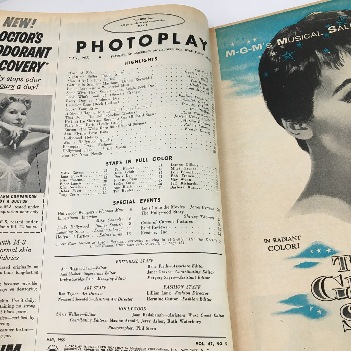 Inside spread of Photoplay Magazine May 1955, showcasing highlights and features from Hollywood, reflecting the culture and cinema of the 1950s.