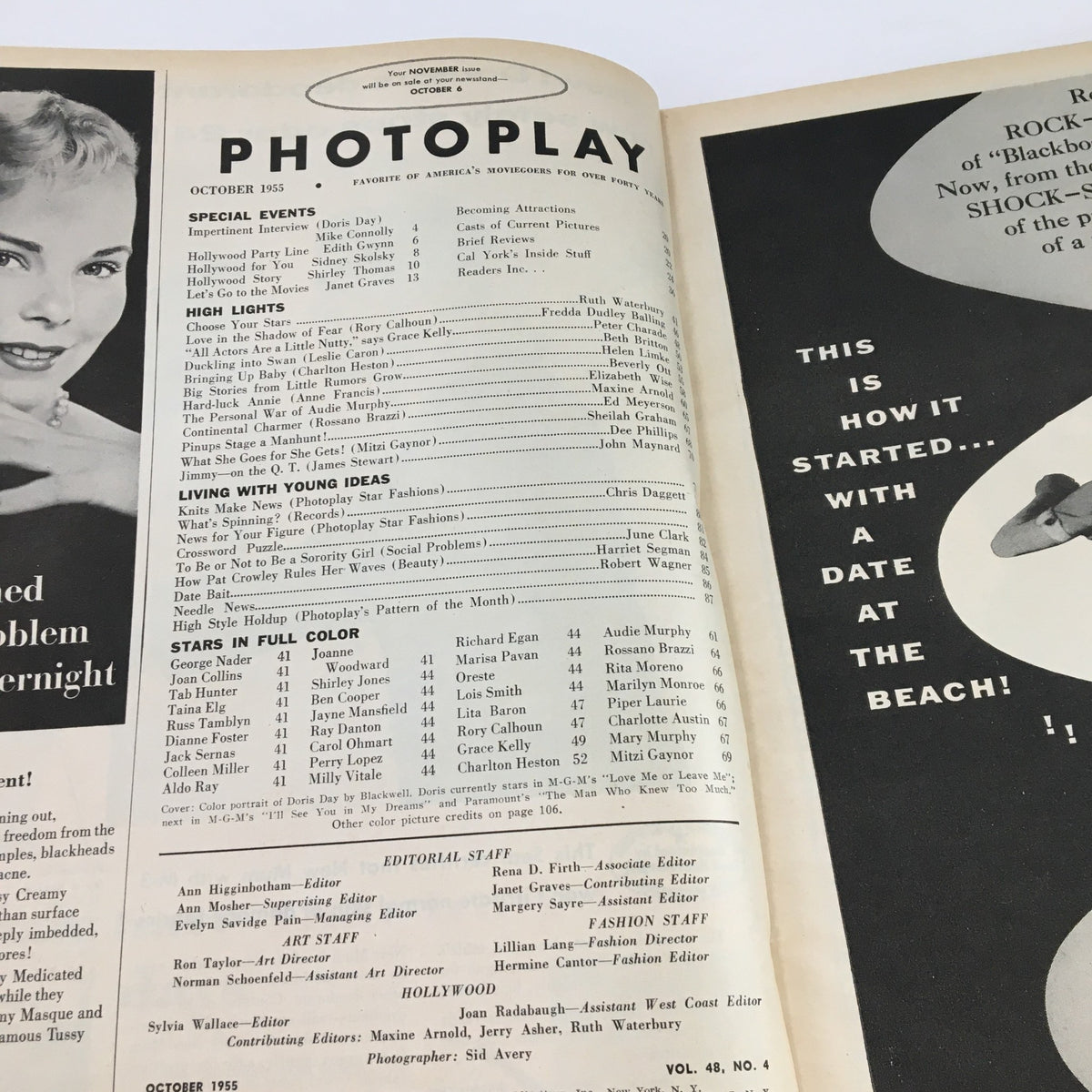Photoplay Magazine October 1955 Doris Day, Rory Calhoun, Grace Kelly, No Label