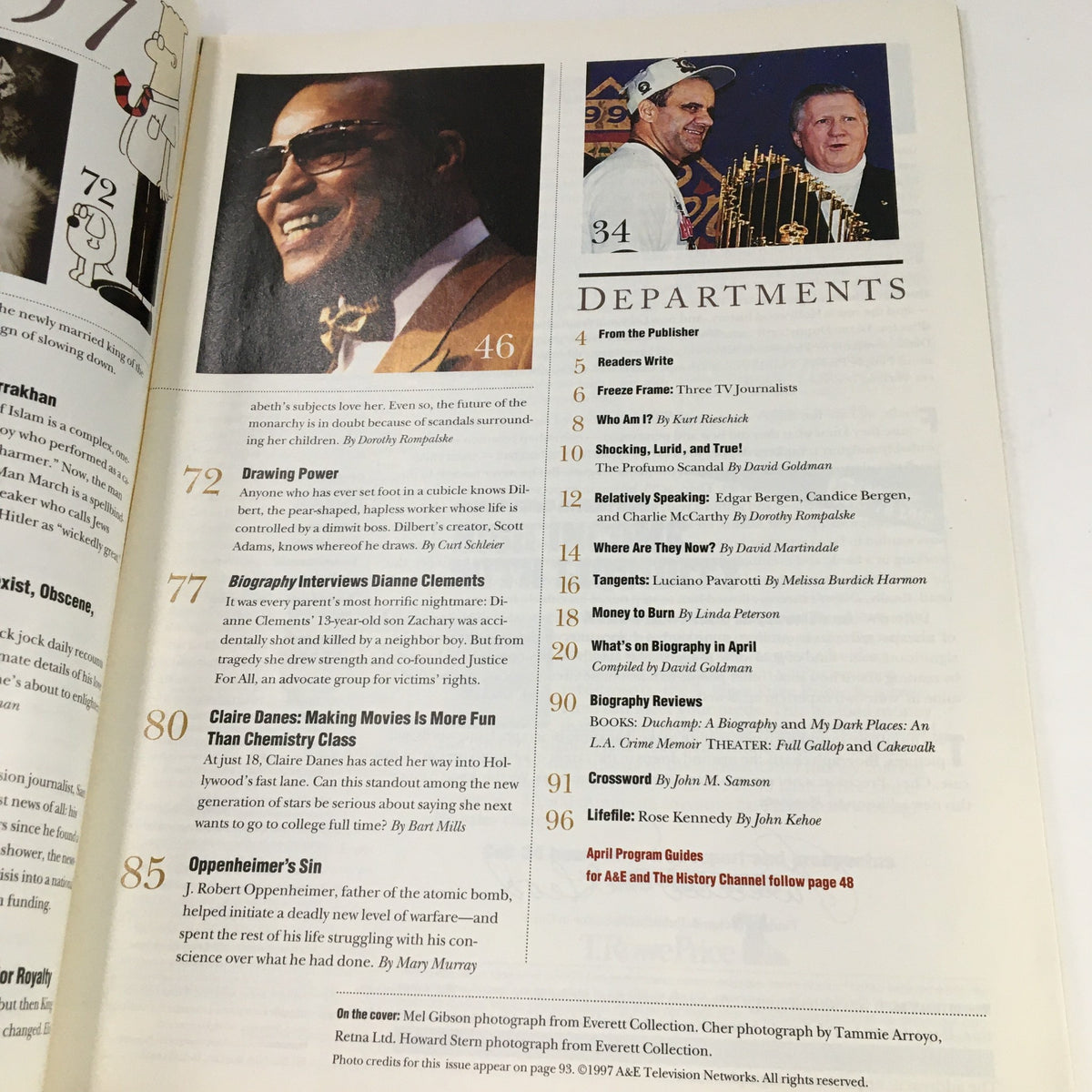 Another interior page of Biography Magazine April 1997 showing features including interviews with Dianne Clements and Claire Danes.
