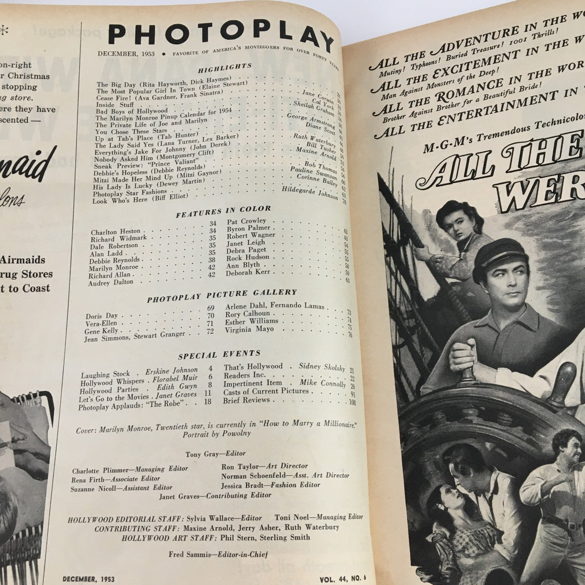 Inside page of Photoplay Magazine December 1953 highlighting articles and features including the iconic Marilyn Monroe Pinup Calendar for 1954.