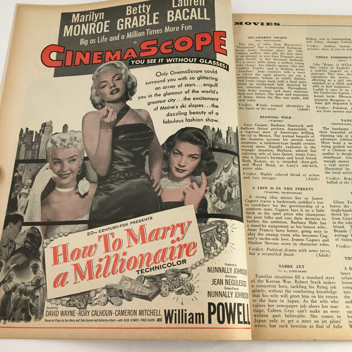 Advertisement for 'How to Marry a Millionaire' in Photoplay Magazine December 1953 featuring Marilyn Monroe, promoting CinemaScope and classic film stars.