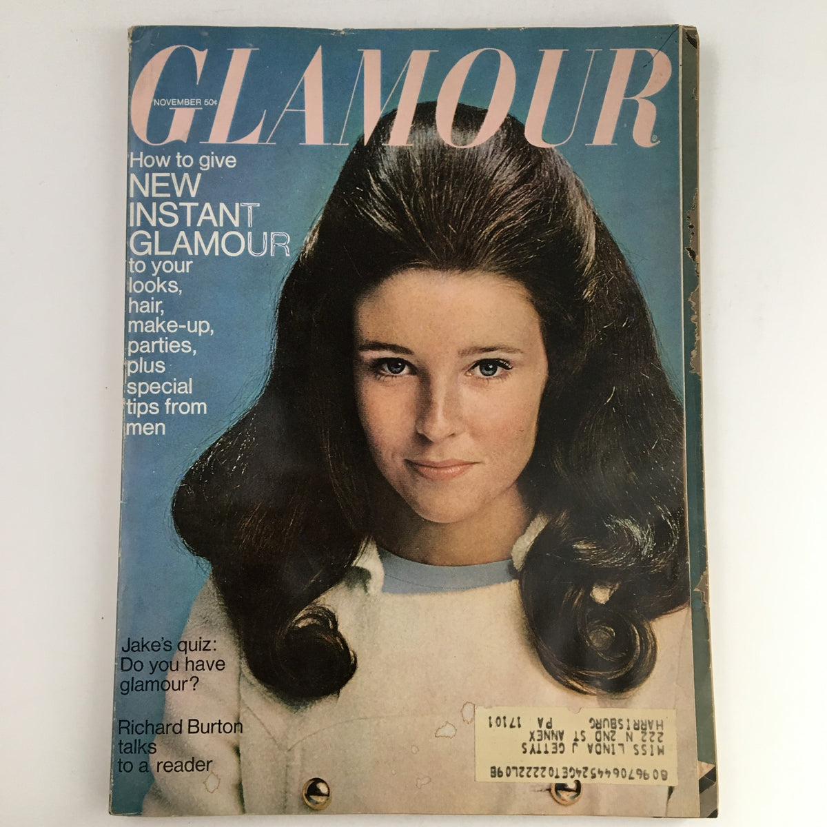 Cover of Glamour Magazine November 1966 featuring an article titled 'Richard Burton Talks To A Reader' alongside a quiz called 'Jake's Quiz'. The cover showcases a model with long hair and is in good condition with noticeable wear.