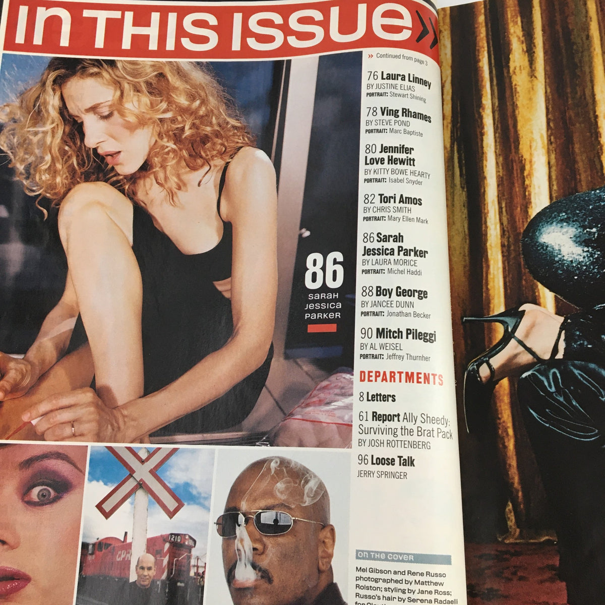 Inside page of US Entertainment Magazine July 1996 displaying the table of contents, highlighting features on Sarah Jessica Parker and other celebrities of the era.