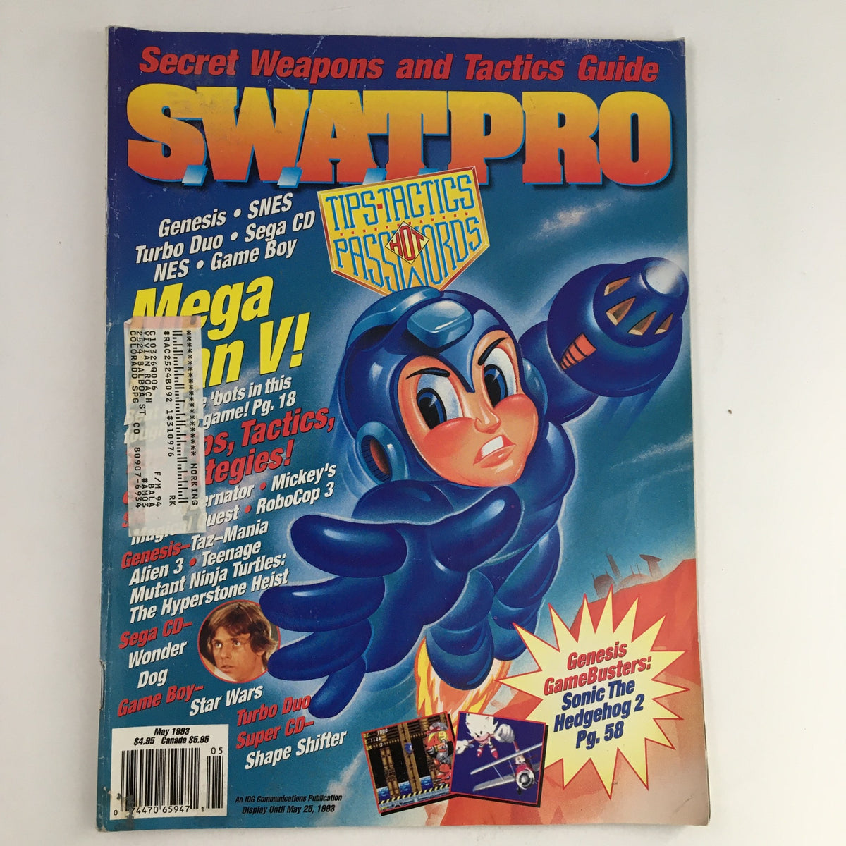 Swat Pro Magazine May 1993 cover featuring Mega Man V, Star Wars, and Sonic The Hedgehog 2 with vibrant graphics and nostalgic design.