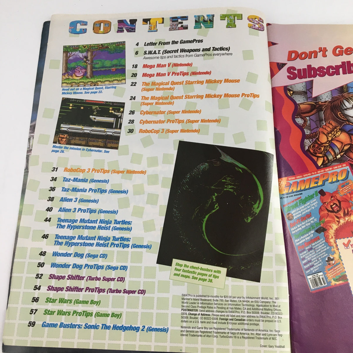 Table of contents from Swat Pro Magazine May 1993, highlighting featured articles on Mega Man V, Taz-Mania, and Sonic The Hedgehog 2.