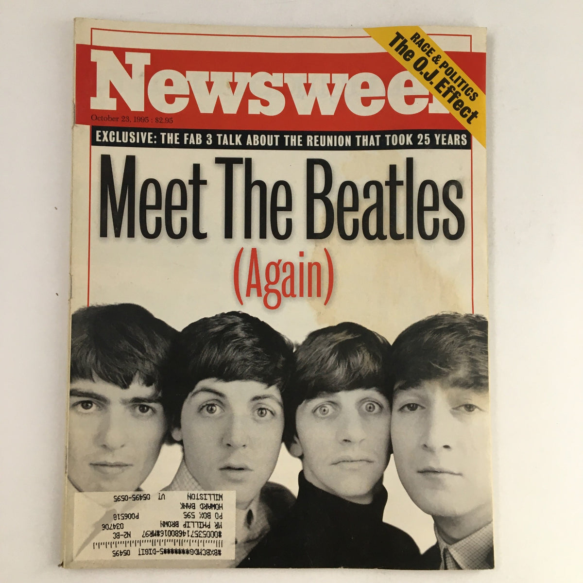 Cover of Newsweek Magazine from October 23, 1995 featuring the title 'Meet The Beatles Again' alongside the headline about 'The O.J. Effect'. The cover includes iconic images of The Beatles and highlights a reunion discussion 25 years later.