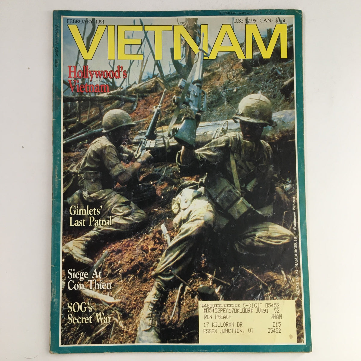 Cover of Vietnam Magazine February 1991 featuring articles on Gimlet's Last Patrol and the Siege at Con Thien, showcasing military imagery and historical context.