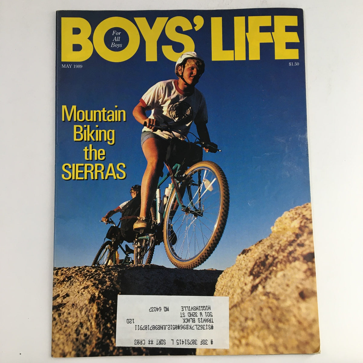 Cover of Boys' Life Magazine May 1989 featuring Mountain Biking the Sierras with two boys biking on rocky terrain. Good condition with minor wear and an address label visible.