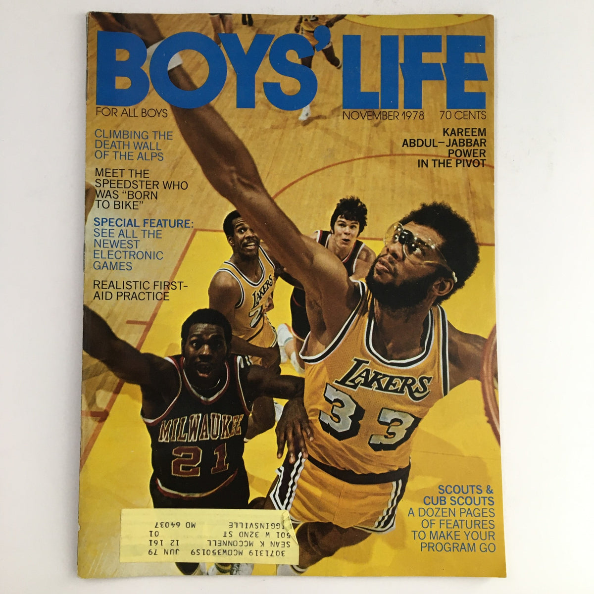 Boys' Life Magazine November 1978 featuring Kareem Abdul-Jabbar on the cover, showcasing NBA action with athletes in vibrant Lakers uniforms, basketball court backdrop, and articles on various topics for young readers.