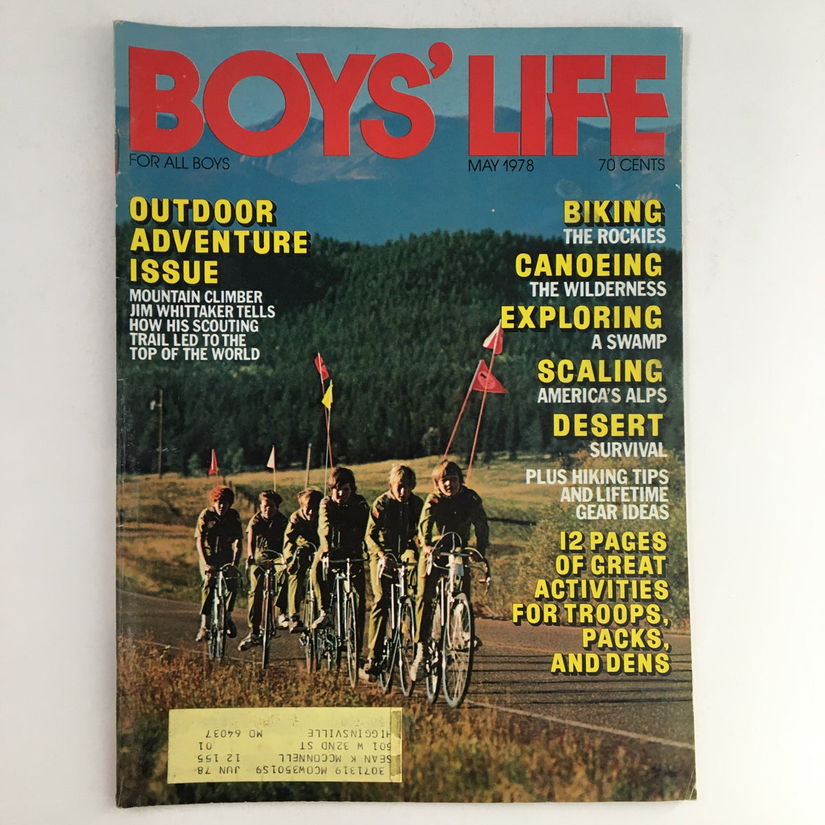 Boys' Life Magazine May 1978 cover featuring boys biking in the Rockies, showcasing outdoor adventure activities including canoeing and exploring wilderness areas.