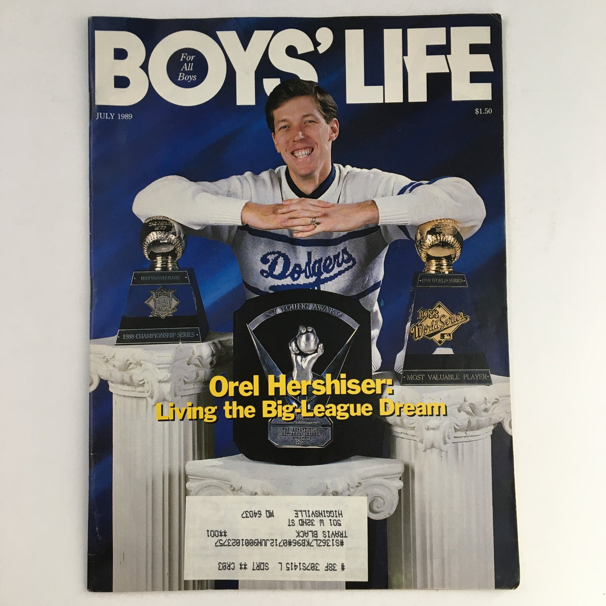 Boys' Life Magazine, July 1989, featuring Orel Hershiser on the cover, showcasing his achievements in baseball with awards and trophies, emphasizing the title 'Orel Hershiser: Living the Big-League Dream'.