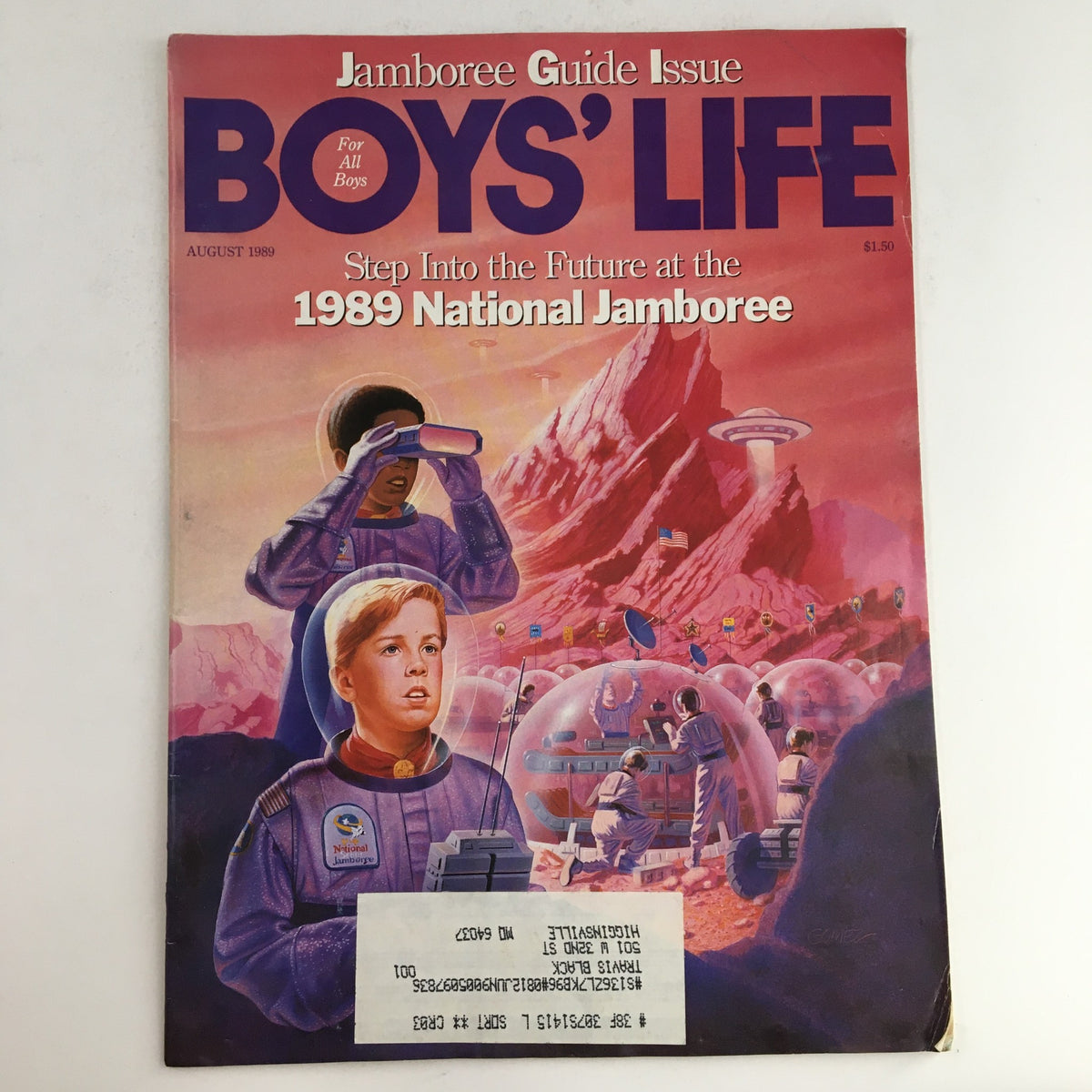 Cover of Boys' Life Magazine August 1989, titled 'Step Into The Future at the 1989 National Jamboree', featuring illustrations of boys in futuristic attire exploring a colorful landscape with science fiction elements.